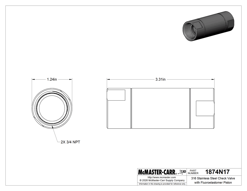 Technical Drawing of 316 Stainless Steel Check Valve with Fluoroelastomer Piston, with Rubber Spring-Loaded Piston, 3/4 NPT Female.